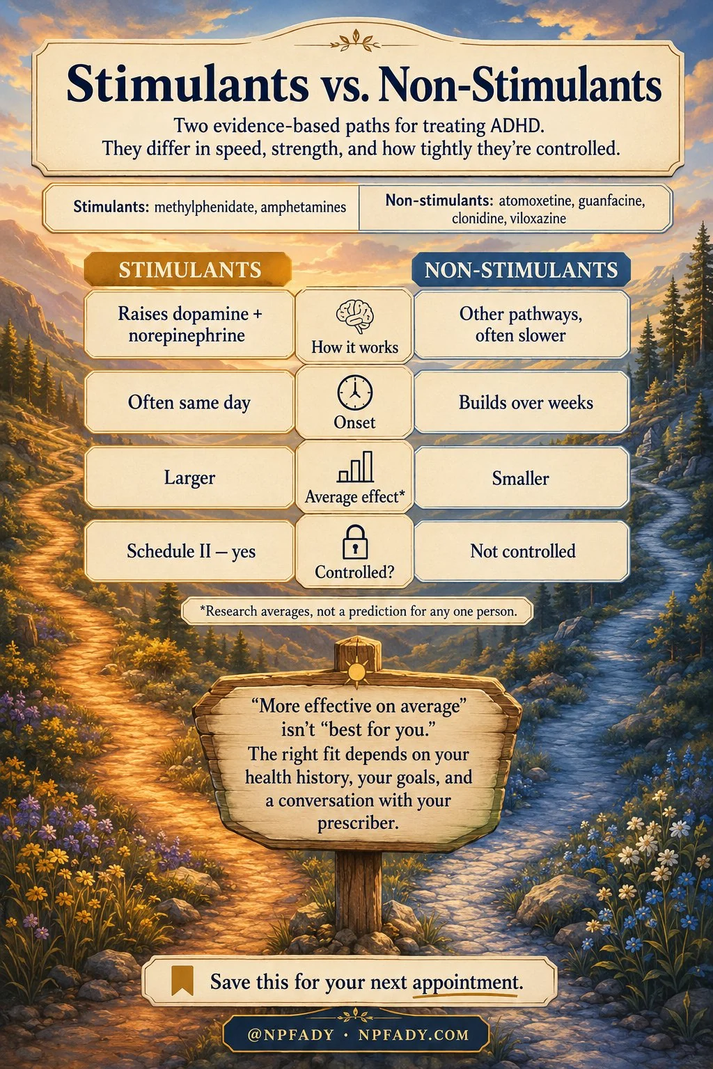 Infographic comparing stimulant and non-stimulant ADHD medications across four points: how they work, onset speed, average effect size, and controlled status. It notes that more effective on average is not the same as best for you, and that the right fit depends on your health history, your goals, and a conversation with your prescriber.