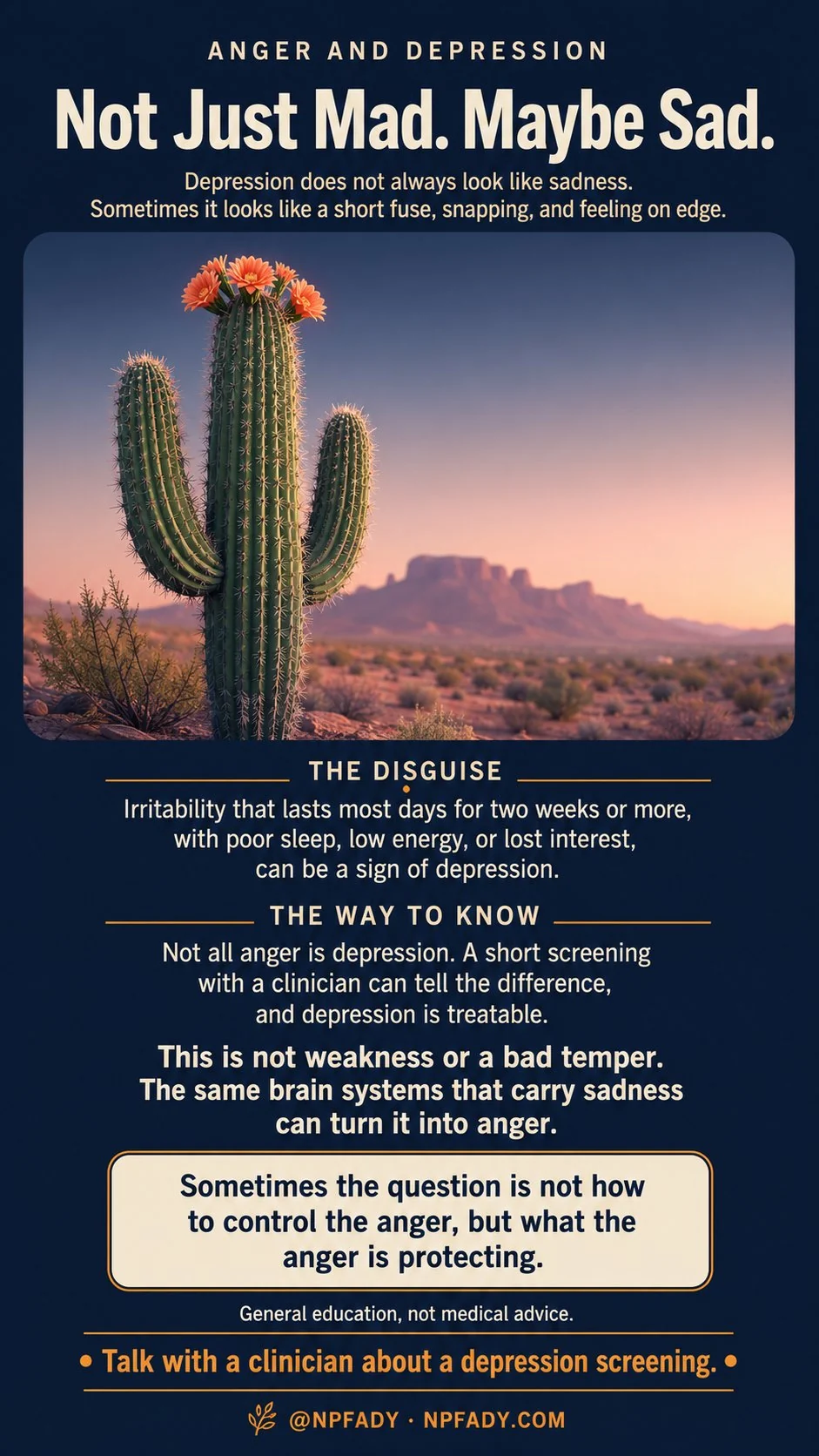 Infographic titled Not Just Mad. Maybe Sad. A tall saguaro cactus with sharp spines and warm coral blooms at its crown stands in a desert at first light, with a soft mesa in the distance. The text explains that depression does not always look like sadness and sometimes looks like a short fuse, snapping, and feeling on edge. Irritability that lasts most days for two weeks or more, with poor sleep, low energy, or lost interest, can be a sign of depression. Not all anger is depression. A short screening with a clinician can tell the difference, and depression is treatable. It also says this is not weakness or a bad temper, the same brain systems that carry sadness can turn it into anger, and sometimes the question is not how to control the anger, but what the anger is protecting. It closes with general education, not medical advice, and an invitation to talk with a clinician about a depression screening.