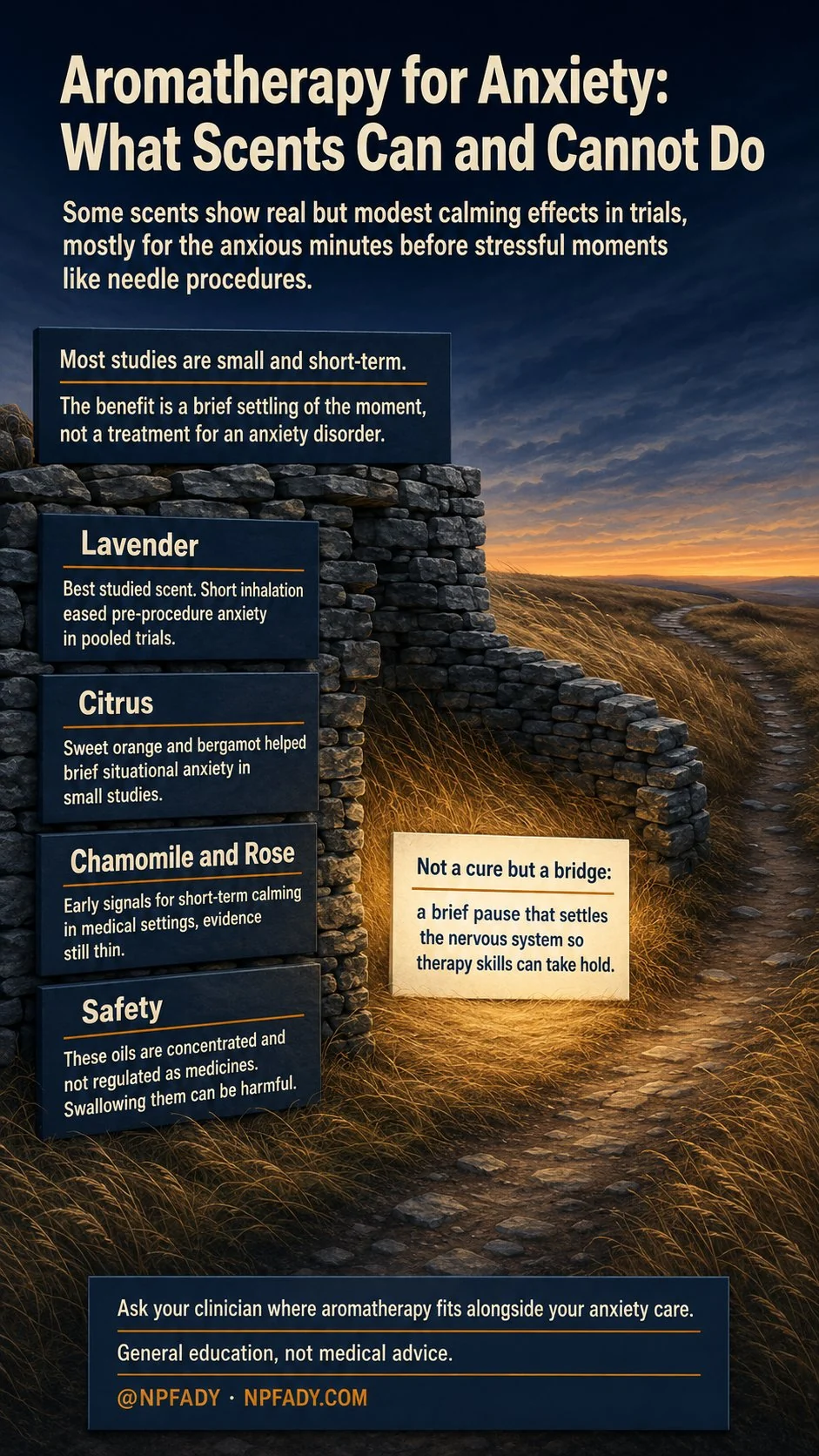 Educational infographic on a quiet high fell at first light. A low drystone windbreak wall holds four slate plates: Lavender, the best studied scent, where short inhalation eased pre-procedure anxiety in pooled trials; Citrus, where sweet orange and bergamot helped brief situational anxiety in small studies; Chamomile and Rose, early signals for short-term calming with thin evidence; and Safety, noting these concentrated oils are not regulated as medicines and can be harmful if swallowed. A cream card in the calm lee of the wall reads: not a cure but a bridge, a brief pause that settles the nervous system so therapy skills can take hold. The closing line asks your clinician where aromatherapy fits alongside your anxiety care.