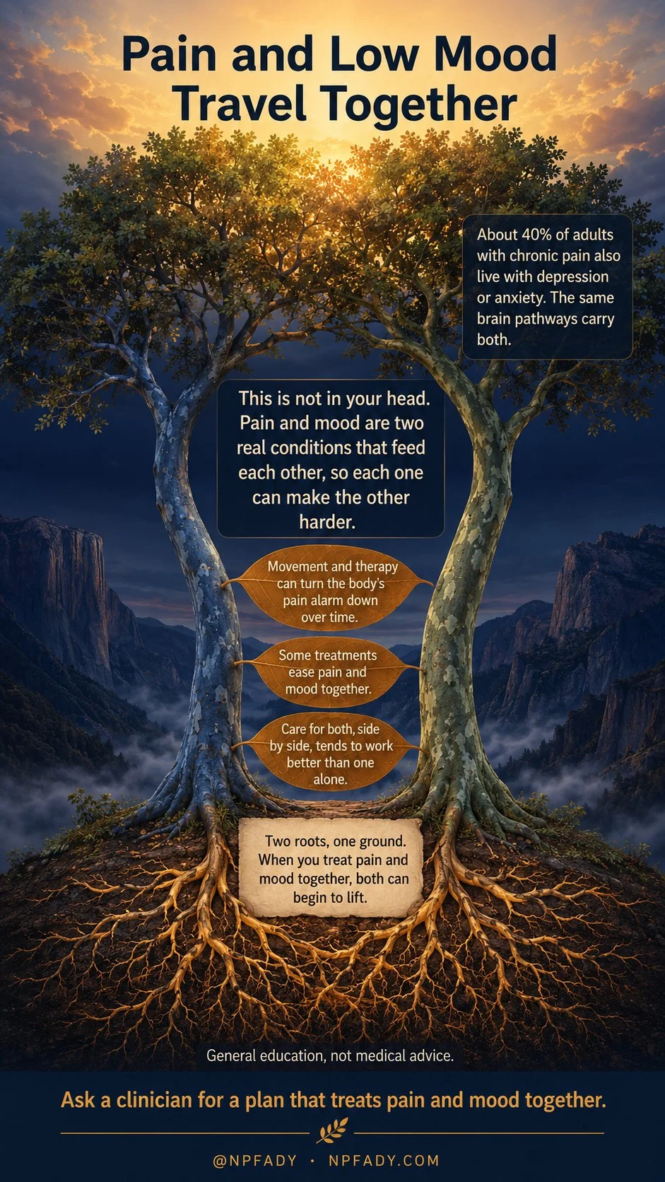 Infographic titled Pain and Low Mood Travel Together, set against a serene California canyon at dawn where two trees, one with slate blue bark and one with sage green bark, rise from a single shared root system of warm golden roots and join into one canopy with dawn light breaking through. It explains that about 40 percent of adults with chronic pain also live with depression or anxiety, and that the same brain pathways carry both. It states that this is not in your head, and that pain and mood are two real conditions that feed each other, so each one can make the other harder. Three points on leaf shaped tags explain that movement and therapy can turn the pain alarm down over time, that some treatments ease pain and mood together, and that care for both side by side tends to work better than one alone. A note at the roots reads two roots, one ground, and explains that when you treat pain and mood together, both can begin to lift. It adds that this is general education and not medical advice, and that asking a clinician for a plan that treats pain and mood together can help.