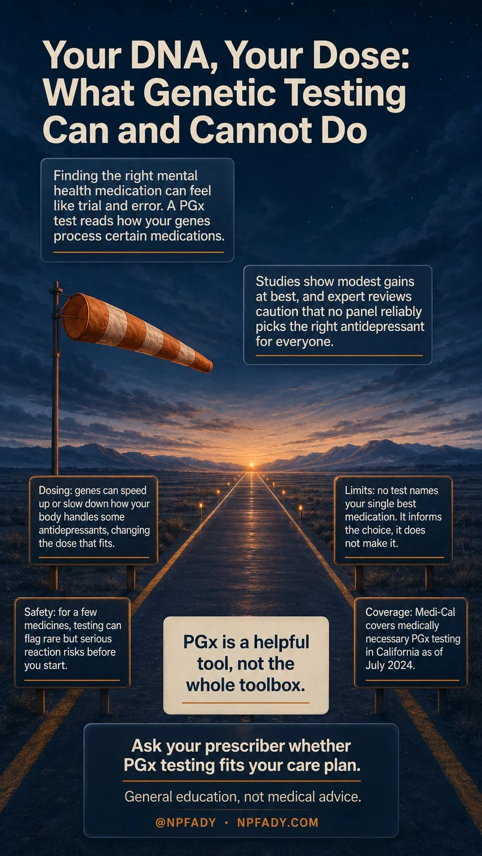 Infographic titled Your DNA, Your Dose: What Genetic Testing Can and Cannot Do, set against a deep navy pre-dawn sky over a high plain where a single straight airstrip recedes toward a distant mountain rim lit by the first gold of sunrise, with one orange and cream windsock on a tall pole beside the near end and a warm beacon glowing at the far end. It explains that finding the right mental health medication can feel like trial and error, and that a PGx test reads how your genes process certain medications. It states that studies show modest gains at best, and that expert reviews caution that no panel reliably picks the right antidepressant for everyone. Four marker boards along the runway explain that genes can speed up or slow down how your body handles some antidepressants, changing the dose that fits, that no test names your single best medication because it informs the choice but does not make it, that for a few medicines testing can flag rare but serious reaction risks before you start, and that Medi-Cal covers medically necessary PGx testing in California as of July 2024. A note on a cream card reads that PGx is a helpful tool, not the whole toolbox. It adds that this is general education and not medical advice, and that you can ask your prescriber whether PGx testing fits your care plan.