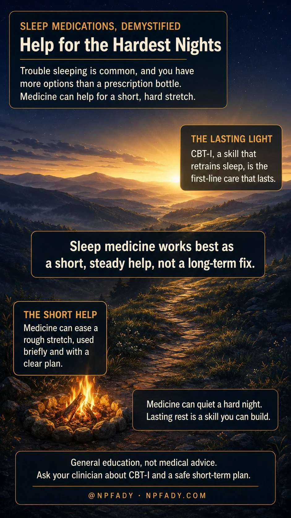 Infographic titled Sleep Medications, Demystified, Help for the Hardest Nights, set in a calm twilight valley just before dawn. A small contained campfire glows in a ring of stones in the foreground while a wide golden sunrise breaks over distant ridges and a footpath climbs the valley toward the light. Text explains that trouble sleeping is common and you have more options than a prescription bottle, and that medicine can help for a short, hard stretch. One labeled panel, The Short Help, reads that medicine can ease a rough stretch, used briefly and with a clear plan. A second labeled panel, The Lasting Light, reads that CBT-I, a skill that retrains sleep, is the first-line care that lasts. A central panel reads that sleep medicine works best as a short, steady help, not a long-term fix. A closing panel reads that medicine can quiet a hard night and lasting rest is a skill you can build. Footer reads general education, not medical advice, and ask your clinician about CBT-I and a safe short-term plan.