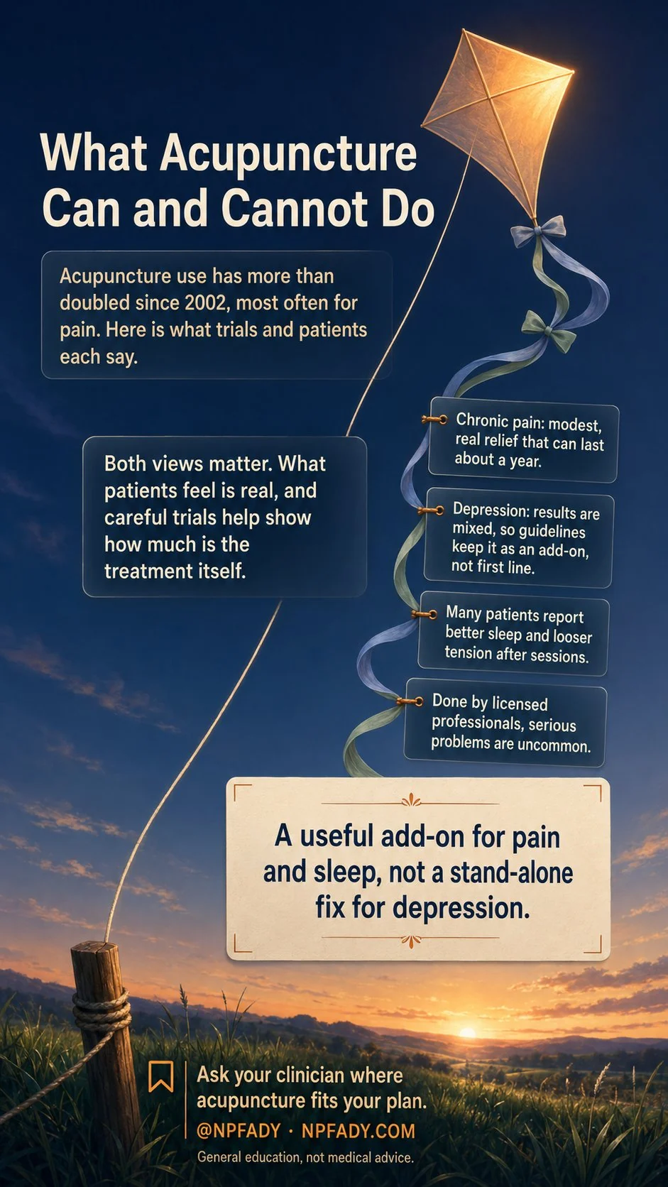 Infographic titled What Acupuncture Can and Cannot Do, set against a deep navy pre-dawn sky where a single diamond kite catches the first warm light of morning, its string curving down to a wooden stake at the edge of a quiet meadow as the sun rises on the horizon. It explains that acupuncture use has more than doubled since 2002, most often for pain, and shows what trials and patients each say. It states that both views matter, because what patients feel is real and careful trials help show how much is the treatment itself. Four tags along the kite tail explain that chronic pain relief is modest and real and can last about a year, that depression results are mixed so guidelines keep acupuncture as an add-on and not first line, that many patients report better sleep and looser tension after sessions, and that when done by licensed professionals serious problems are uncommon. A note on a cream card reads that acupuncture is a useful add-on for pain and sleep, not a stand-alone fix for depression. It adds that this is general education and not medical advice, and that asking your clinician where acupuncture fits your plan can help.