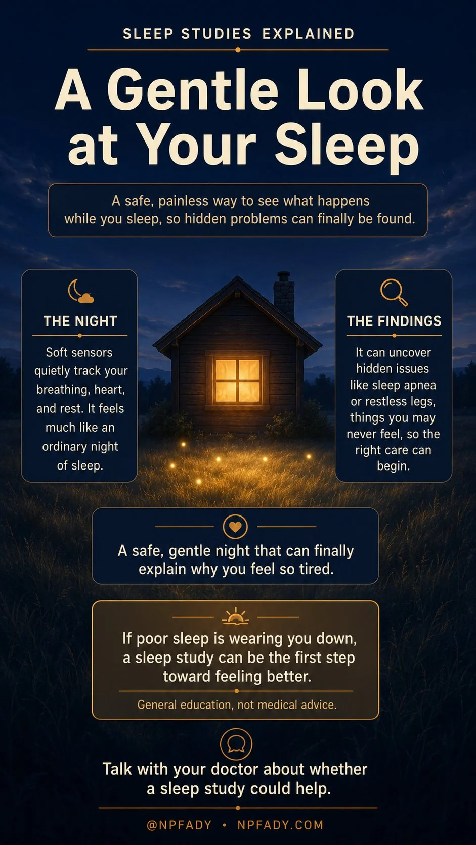 Infographic titled Sleep Studies Explained, A Gentle Look at Your Sleep, set on a calm night meadow where one small cabin glows with a single warm window, the light spilling in a soft pool across the grass with a few gentle glowing motes within it, under a quiet twilight sky. Text explains that a sleep study is a safe, painless way to see what happens while you sleep, so hidden problems can finally be found. One labeled panel, The Night, reads that soft sensors quietly track your breathing, heart, and rest, and it feels much like an ordinary night of sleep. A second labeled panel, The Findings, reads that it can uncover hidden issues like sleep apnea or restless legs, things you may never feel, so the right care can begin. A central panel reads that it is a safe, gentle night that can finally explain why you feel so tired. A closing panel reads that if poor sleep is wearing you down, a sleep study can be the first step toward feeling better. Footer reads general education, not medical advice, and talk with your doctor about whether a sleep study could help.