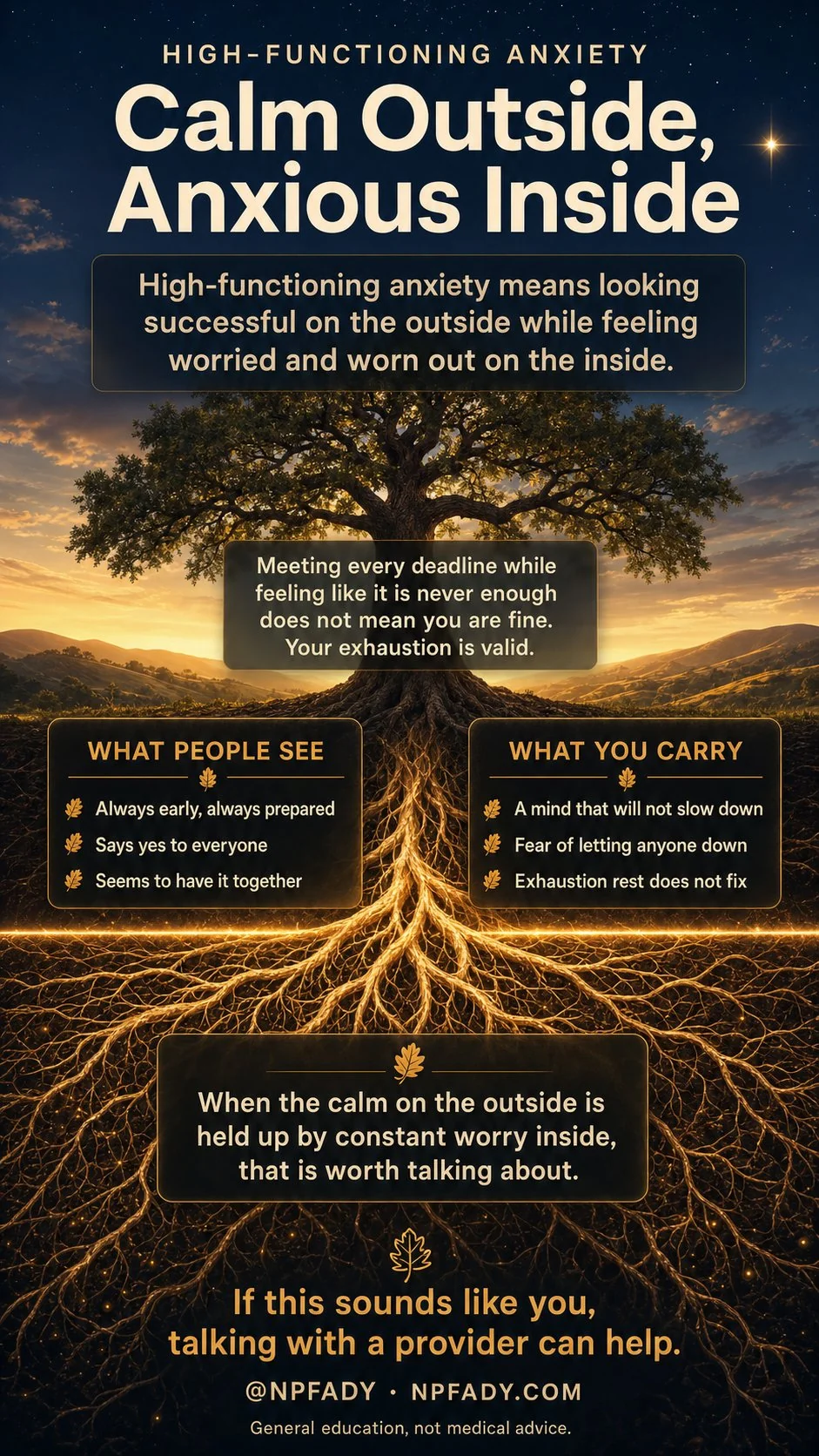 Infographic titled Calm Outside, Anxious Inside, set against a serene California oak at twilight, with the tree standing calm above the ground and a vast glowing network of roots spreading below it. It explains that high-functioning anxiety means looking successful on the outside while feeling worried and worn out on the inside, and that meeting every deadline while feeling like it is never enough does not mean you are fine; your exhaustion is valid. Two columns contrast what people see, such as always being early and prepared, saying yes to everyone, and seeming to have it together, with what you carry, such as a mind that will not slow down, fear of letting anyone down, and exhaustion that rest does not fix. It notes that when the calm on the outside is held up by constant worry inside, that is worth talking about, that this is general education and not medical advice, and that if this sounds like you, talking with a provider can help.