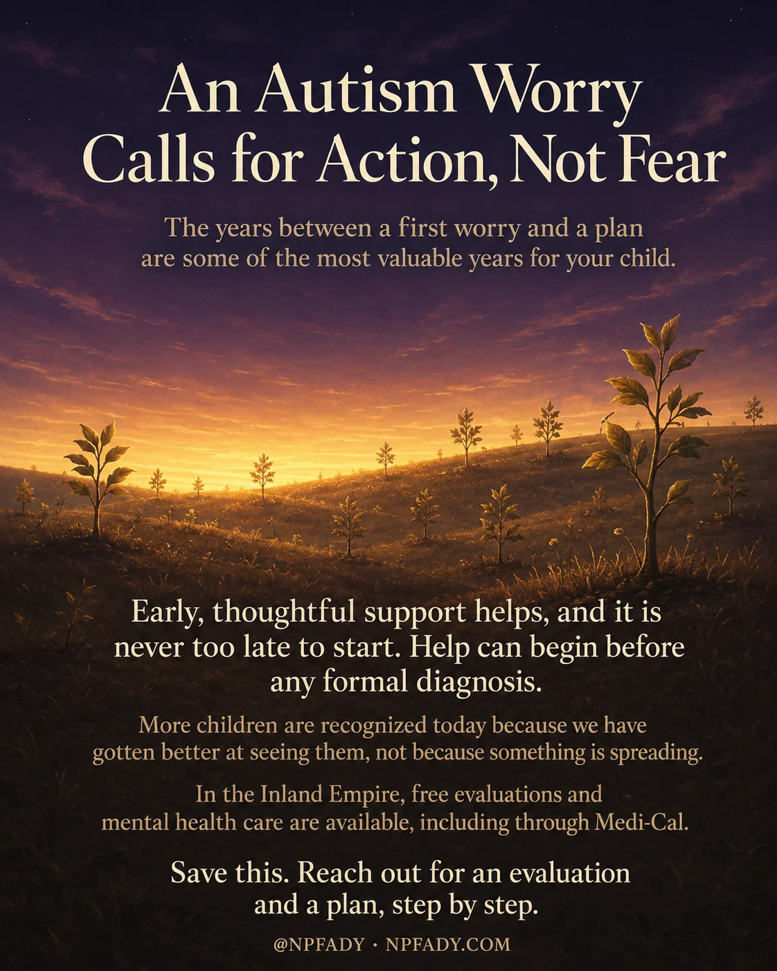 Infographic titled An Autism Worry Calls for Action, Not Fear, set against a warm dawn over rolling dark hills where young saplings rise from the ground beneath a deep twilight sky glowing orange and gold near the horizon. Cream serif text below the title reads The years between a first worry and a plan are some of the most valuable years for your child. Below the landscape, a block of text reads Early, thoughtful support helps, and it is never too late to start. Help can begin before any formal diagnosis. Smaller lines add More children are recognized today because we have gotten better at seeing them, not because something is spreading, and In the Inland Empire, free evaluations and mental health care are available, including through Medi-Cal. A closing line reads Save this. Reach out for an evaluation and a plan, step by step. The footer reads at NPFADY and NPFADY.COM.