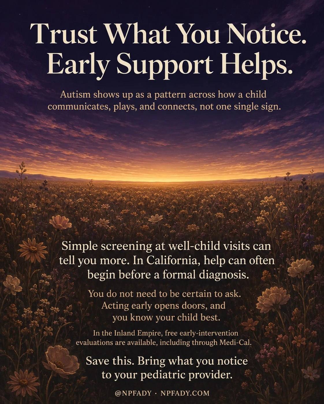 Infographic titled Trust What You Notice. Early Support Helps., set over a wide field of wildflowers under a deep twilight sky that warms into a golden sunset at the horizon. The opening line reads, Autism shows up as a pattern across how a child communicates, plays, and connects, not one single sign. Lower on the image, over the shadowed flowers, the text reads, Simple screening at well-child visits can tell you more. In California, help can often begin before a formal diagnosis. A smaller line follows, You do not need to be certain to ask. Acting early opens doors, and you know your child best. Below that, In the Inland Empire, free early-intervention evaluations are available, including through Medi-Cal. The closing line reads, Save this. Bring what you notice to your pediatric provider. The footer reads, at NPFADY, NPFADY.COM.