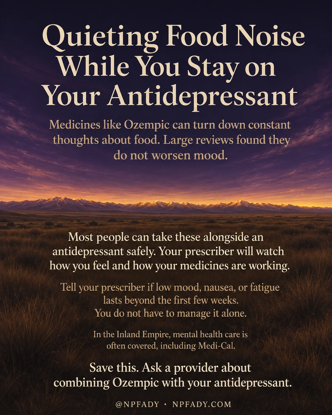 Infographic titled Quieting Food Noise While You Stay on Your Antidepressant, set over a wide desert plain at dusk where a deep twilight sky warms from purple into amber and gold along the horizon. Cream and honey colored text sits over the calm landscape. Below the title it reads, Medicines like Ozempic can turn down constant thoughts about food. Large reviews found they do not worsen mood. The next lines read, Most people can take these alongside an antidepressant safely. Your prescriber will watch how you feel and how your medicines are working. A softer line reads, Tell your prescriber if low mood, nausea, or fatigue lasts beyond the first few weeks. You do not have to manage it alone. A closing note reads, In the Inland Empire, mental health care is often covered, including Medi-Cal. Save this. Ask a provider about combining Ozempic with your antidepressant. The handle NP Fady and npfady.com appear at the bottom.