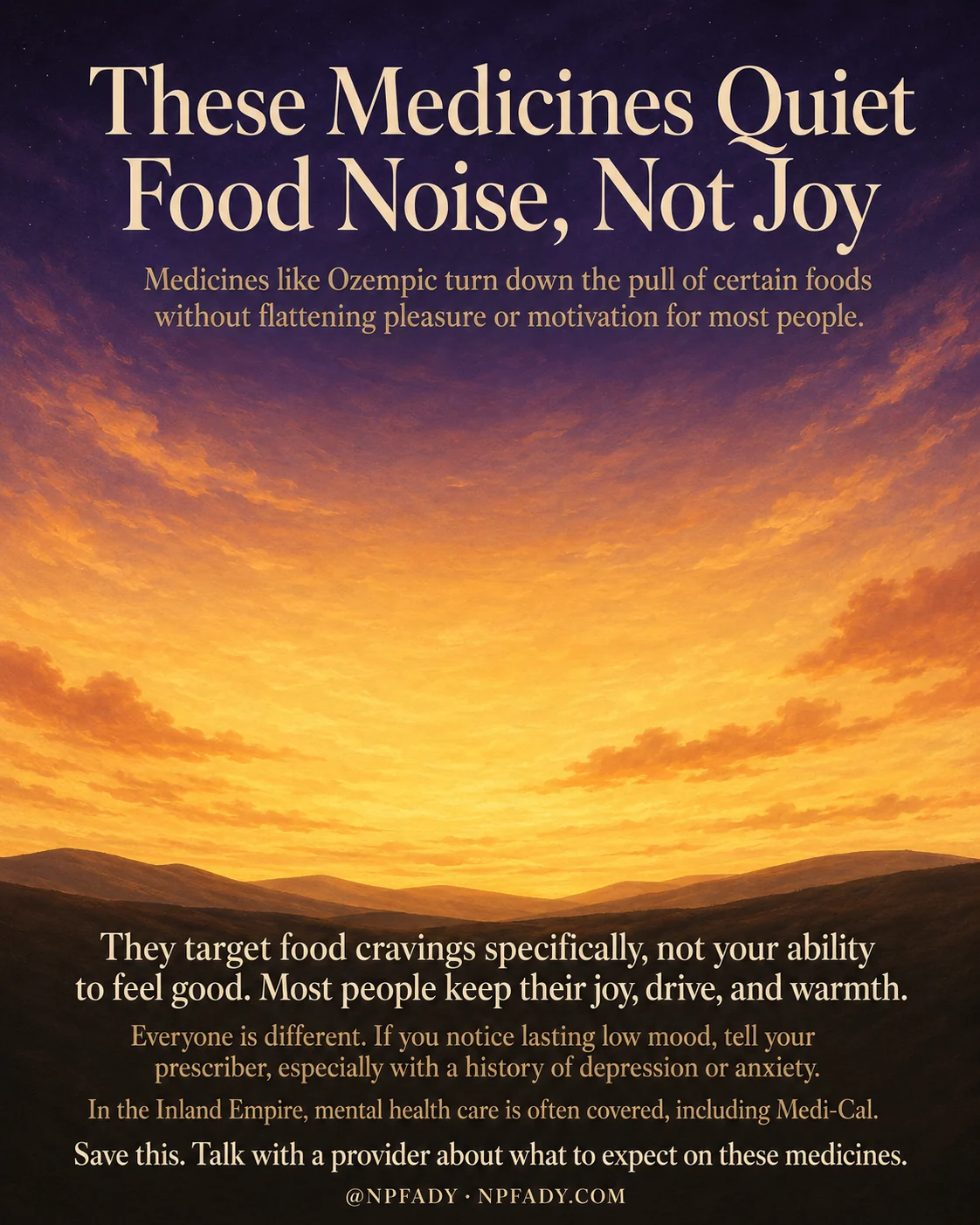 Infographic titled These Medicines Quiet Food Noise, Not Joy, set against a wide painted sunset where a deep-navy night sky warms down through amber and honey into a golden glow over rolling dark hills. The cream display title sits at the top, followed by the line Medicines like Ozempic turn down the pull of certain foods without flattening pleasure or motivation for most people. Across the dark lower third, white and golden text reads: They target food cravings specifically, not your ability to feel good. Most people keep their joy, drive, and warmth. Below that: Everyone is different. If you notice lasting low mood, tell your prescriber, especially with a history of depression or anxiety. Then: In the Inland Empire, mental health care is often covered, including Medi-Cal. A closing line reads Save this. Talk with a provider about what to expect on these medicines, above the handle NPFADY, NPFADY.COM.