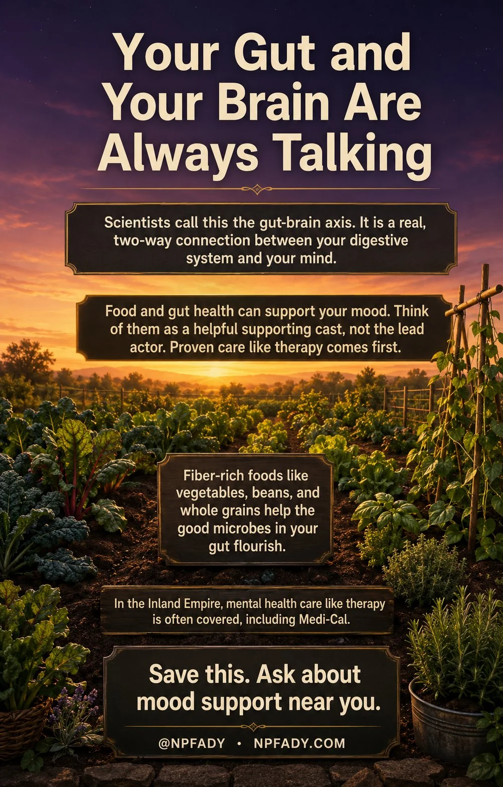 Infographic titled Your Gut and Your Brain Are Always Talking, set in a cultivated vegetable garden at golden-hour twilight. A deep twilight-violet sky softens to a warm honey-gold glow along the horizon, and below the horizon a lush garden of leafy greens, herbs, and climbing beans is rooted in warm dark earth, with the same warm light filling both the sky and the garden. A band near the top reads: scientists call this the gut-brain axis, it is a real, two-way connection between your digestive system and your mind. A band across the horizon reads: food and gut health can support your mood, think of them as a helpful supporting cast, not the lead actor, proven care like therapy comes first. A panel among the garden rows reads: fiber-rich foods like vegetables, beans, and whole grains help the good microbes in your gut flourish. A line lower in the garden reads: in the Inland Empire, mental health care like therapy is often covered, including Medi-Cal. The footer reads: save this, ask about mood support near you, with the mark at NPFADY, npfady.com.