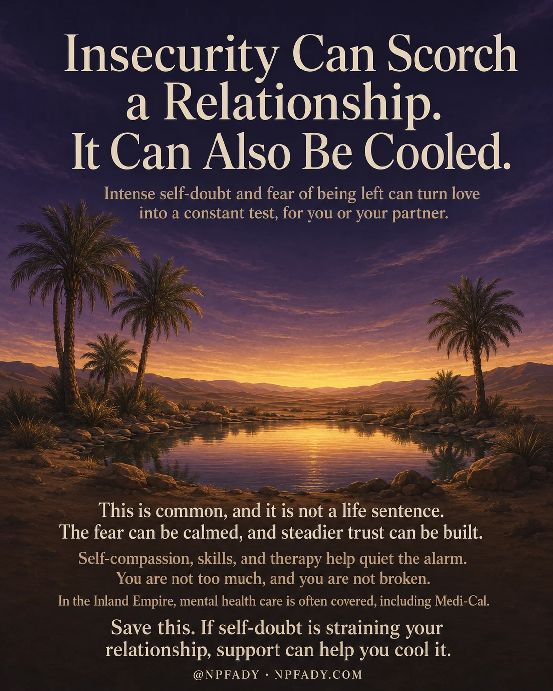 Infographic titled Insecurity Can Scorch a Relationship. It Can Also Be Cooled., set against a warm twilight desert oasis where two tall palm trees frame a still pond that mirrors a golden sunset, under deep purple-and-amber skies above dark sandstone hills. A subtitle near the top reads, Intense self-doubt and fear of being left can turn love into a constant test, for you or your partner. Lower on the image, lines in cream type read, This is common, and it is not a life sentence. The fear can be calmed, and steadier trust can be built. Self-compassion, skills, and therapy help quiet the alarm. You are not too much, and you are not broken. In the Inland Empire, mental health care is often covered, including Medi-Cal. A closing line reads, Save this. If self-doubt is straining your relationship, support can help you cool it. The footer reads, at NPFADY, NPFADY.COM.