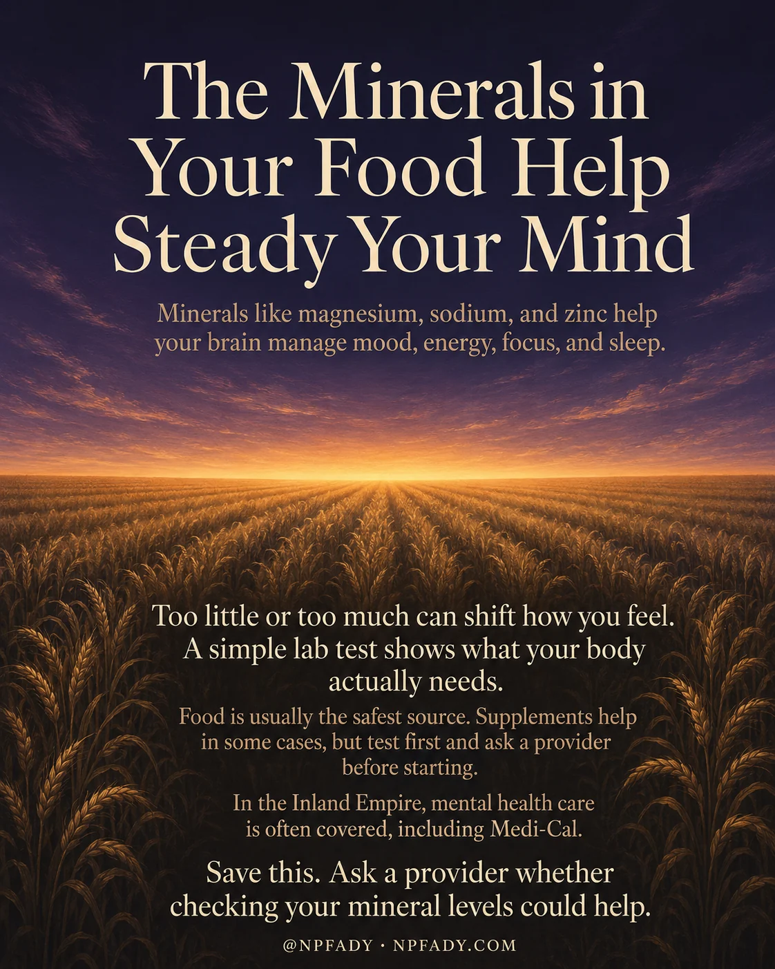 Infographic titled The Minerals in Your Food Help Steady Your Mind, set against a warm twilight scene of a vast wheat field stretching to the horizon, where a deep violet sky softens into a glowing golden sunset over the grain. The title sits in soft cream type across the dark sky at the top, with a quiet subline that reads minerals like magnesium, sodium, and zinc help your brain manage mood, energy, focus, and sleep. Lower on the image, over the shadowed field, a short column of pale messages reads that too little or too much can shift how you feel, and a simple lab test shows what your body actually needs. The next line reads food is usually the safest source, supplements help in some cases, but test first and ask a provider before starting. Another line reads in the Inland Empire, mental health care is often covered, including Medi-Cal. The closing line reads save this, ask a provider whether checking your mineral levels could help. A small byline at the bottom reads at NPFADY, NPFADY.com.