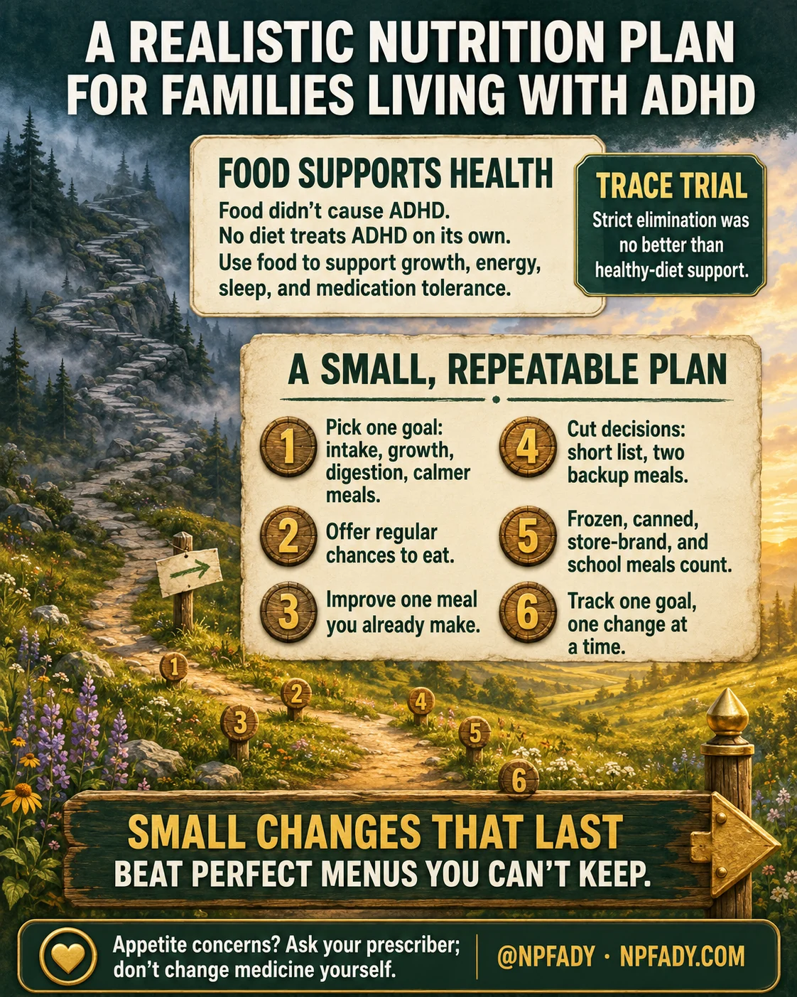 Infographic titled A Realistic Nutrition Plan for Families Living With ADHD, drawn as a winding mountain trail with numbered waypoints. It says food supports health: food did not cause ADHD, no diet treats it on its own, and food's job is to support growth, energy, sleep, and medication tolerance. A note on the TRACE trial says strict elimination was no better than healthy-diet support. Six small steps follow the trail: pick one goal; offer regular chances to eat; improve one meal you already make; cut decisions with a short list and two backup meals; count frozen, canned, store-brand, and school meals; and track one goal, one change at a time. The banner reads: small changes that last beat perfect menus you can't keep. The footer says to bring appetite concerns to the prescriber and not to change medicine yourself.