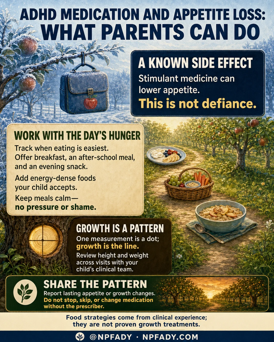 Infographic titled ADHD Medication and Appetite Loss: What Parents Can Do, drawn as a snow-covered orchard that opens into a warm harvest path. A panel says stimulant medicine can lower appetite, a known side effect, and this is not defiance. A second panel, Work With the Day's Hunger, suggests tracking when eating is easiest; offering breakfast, an after-school meal, and an evening snack; adding energy-dense foods your child accepts; and keeping meals calm, with no pressure or shame. A compass panel says growth is a pattern: one measurement is a dot, growth is the line, and height and weight are reviewed across visits with the child's clinical team. The Share the Pattern panel says to report lasting appetite or growth changes and never stop, skip, or change medication without the prescriber. The footer notes food strategies come from clinical experience; they are not proven growth treatments.