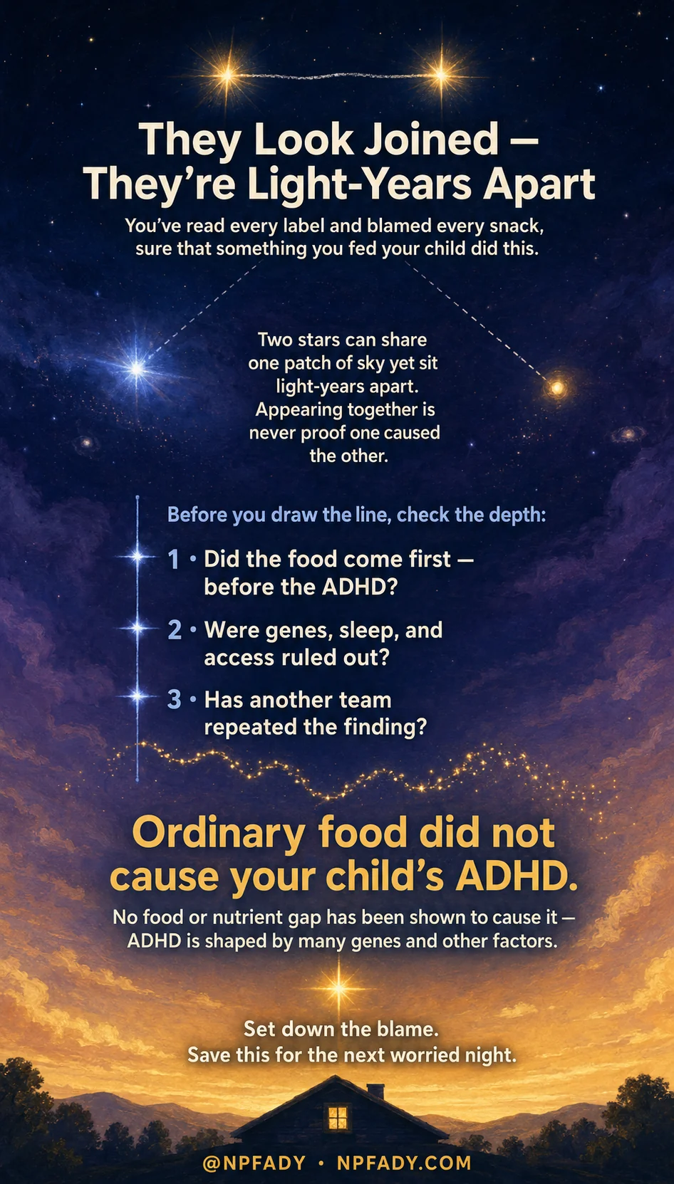 Infographic titled They Look Joined, They're Light-Years Apart, showing two bright stars over a twilight valley connected by a dotted sight line. It says you've read every label and blamed every snack, sure that something you fed your child did this. Two stars can share one patch of sky yet sit light-years apart; appearing together is never proof one caused the other. Before you draw the line, check the depth: did the food come first, before the ADHD; were genes, sleep, and access ruled out; and has another team repeated the finding? The headline conclusion: ordinary food did not cause your child's ADHD. No food or nutrient gap has been shown to cause it, and ADHD is shaped by many genes and other factors. The footer reads: set down the blame, and save this for the next worried night.