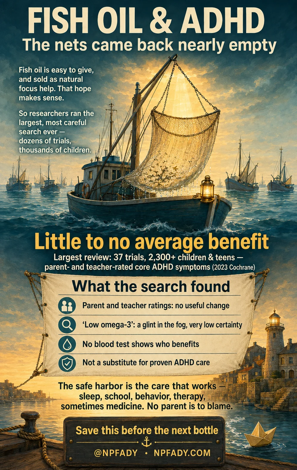 Infographic titled Fish Oil and ADHD: The Nets Came Back Nearly Empty, drawn as a lantern-lit fishing boat hauling a nearly empty net at dusk. It says fish oil is easy to give and sold as natural focus help, so that hope makes sense, and researchers ran the largest, most careful search ever, dozens of trials with thousands of children. The headline: little to no average benefit. The largest review covered 37 trials with more than 2,300 children and teens, rating parent- and teacher-scored core ADHD symptoms. What the search found: parent and teacher ratings showed no useful change; the low-omega-3 idea is a glint in the fog with very low certainty; no blood test shows who benefits; and fish oil is not a substitute for proven ADHD care. The safe harbor is the care that works: sleep, school, behavior, therapy, sometimes medicine. No parent is to blame.