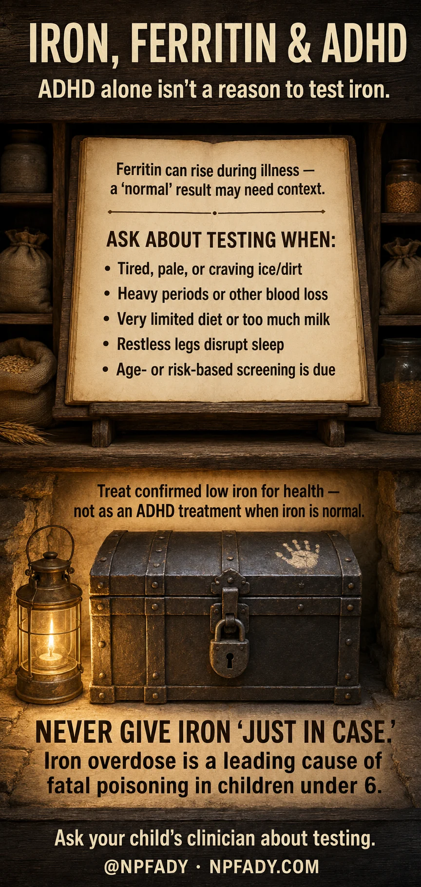Infographic titled Iron, Ferritin and ADHD: ADHD Alone Isn't a Reason to Test Iron, showing a lantern-lit cellar with a posted parchment and a locked iron chest bearing a small handprint. The parchment notes ferritin can rise during illness, so a normal result may need context, and lists when to ask about testing: tired, pale, or craving ice or dirt; heavy periods or other blood loss; a very limited diet or too much milk; restless legs disrupting sleep; and age- or risk-based screening. A second line says treat confirmed low iron for health, not as an ADHD treatment when iron is normal. The locked chest carries the safety warning: never give iron just in case, because iron overdose is a leading cause of fatal poisoning in children under 6. The footer says to ask your child's clinician about testing.