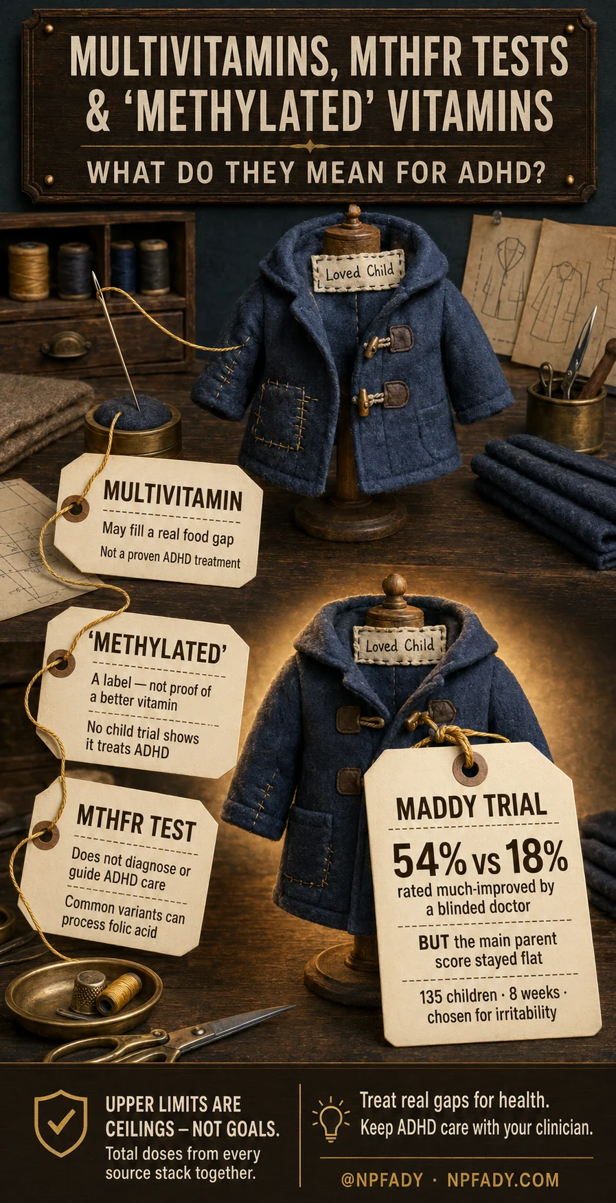 Infographic titled Multivitamins, MTHFR Tests and Methylated Vitamins: What Do They Mean for ADHD?, styled as a tailor's workshop with two child-sized coats, each labeled Loved Child. Tags explain: a multivitamin may fill a real food gap but is not a proven ADHD treatment; methylated is a label, not proof of a better vitamin, and no child trial shows it treats ADHD; and an MTHFR test does not diagnose or guide ADHD care, because common variants can still process folic acid. A large tag summarizes the MADDY trial: 54 percent versus 18 percent rated much improved by a blinded doctor, but the main parent score stayed flat, in 135 children over 8 weeks, chosen for irritability. The footer reads: upper limits are ceilings, not goals; total doses from every source stack together; treat real gaps for health; keep ADHD care with your clinician.