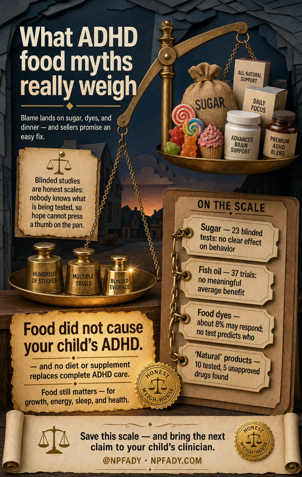 Infographic titled What ADHD Food Myths Really Weigh, showing an old-fashioned balance scale weighing colorful snacks and supplement bottles against labeled weights for blinded evidence. It says blame lands on sugar, dyes, and dinner while sellers promise an easy fix, and that blinded studies are honest scales because nobody knows what is being tested, so hope cannot press a thumb on the pan. On the scale: sugar, 23 blinded tests with no clear effect on behavior; fish oil, 37 trials with no meaningful average benefit; food dyes, about 8 percent may respond and no test predicts who; and natural products, 10 tested with 5 unapproved drugs found. A scroll reads: food did not cause your child's ADHD, and no diet or supplement replaces complete ADHD care, though food still matters for growth, energy, sleep, and health. It closes: save this scale, and bring the next claim to your child's clinician.