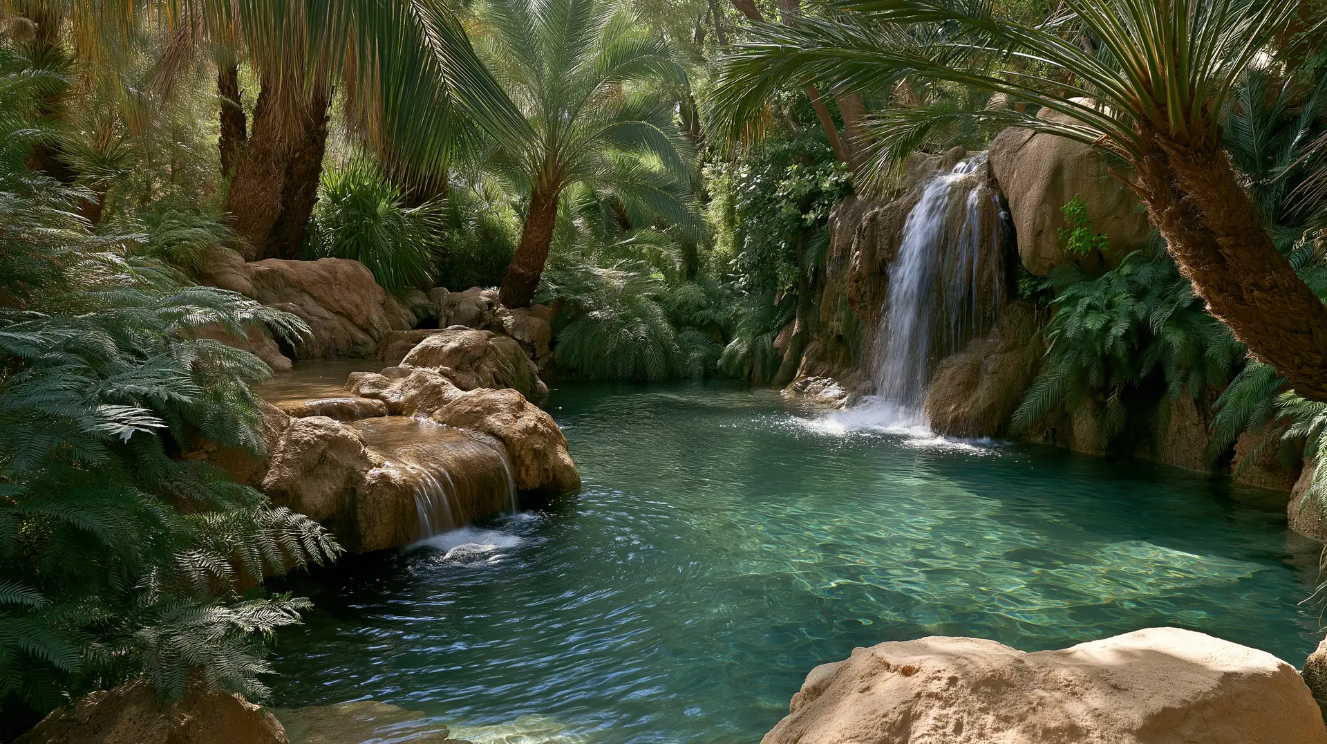 A hidden desert oasis at first light: a waterfall spilling over honey-gold stone into a clear turquoise pool, framed by palms and ferns.