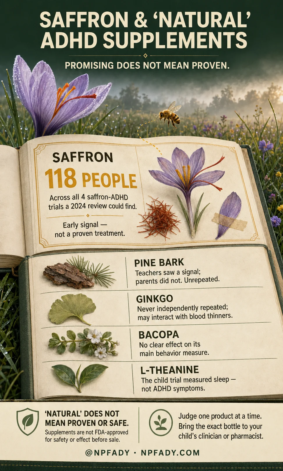 Infographic titled Saffron and Natural ADHD Supplements: Promising Does Not Mean Proven, drawn as an open botanical field guide resting in a meadow with purple saffron crocuses and a honeybee. The saffron entry notes 118 people across all four saffron-ADHD trials a 2024 review could find, an early signal, not a proven treatment. Below it: pine bark, where teachers saw a signal parents did not, unrepeated; ginkgo, never independently repeated and possibly interacting with blood thinners; bacopa, with no clear effect on its main behavior measure; and L-theanine, where the child trial measured sleep, not ADHD symptoms. Footer badges warn that natural does not mean proven or safe, that supplements are not FDA-approved for safety or effect before sale, and advise judging one product at a time and bringing the exact bottle to your child's clinician or pharmacist.