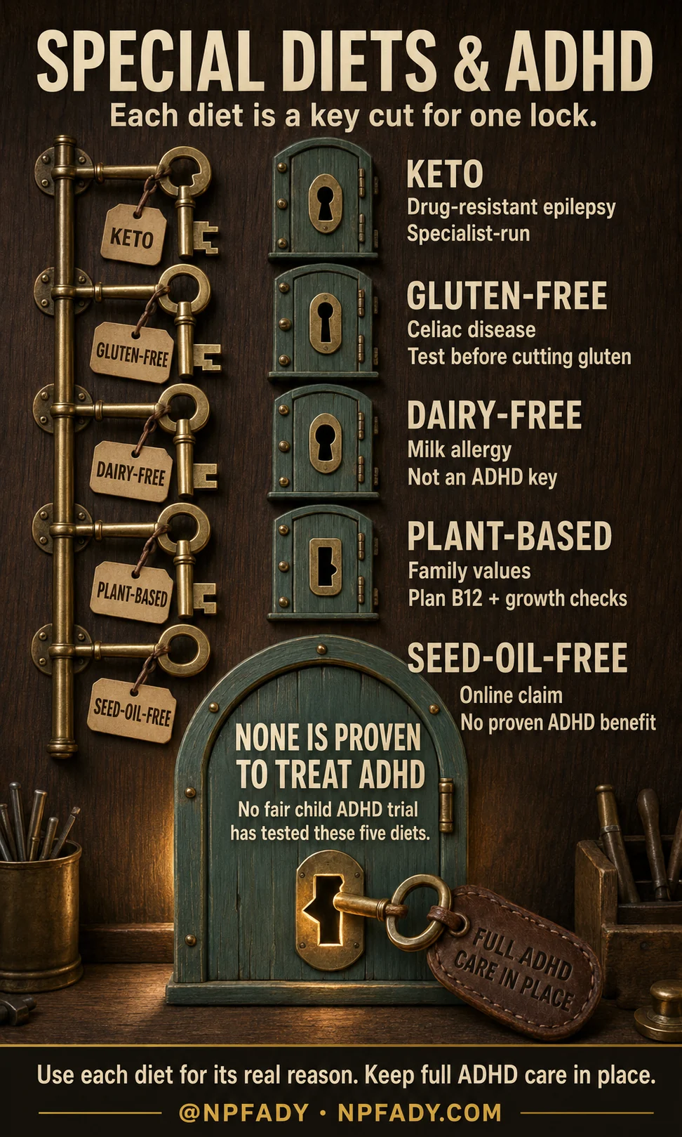 Infographic titled Special Diets and ADHD, showing a ring of old brass keys on a workbench, each key cut for one lock. Keto is a key for drug-resistant epilepsy, run by specialists. Gluten-free is the key for celiac disease, with testing before cutting gluten. Dairy-free fits milk allergy and is not an ADHD key. Plant-based reflects family values and needs a B12 plan plus growth checks. Seed-oil-free is an online claim with no proven ADHD benefit. A locked door reads: none is proven to treat ADHD, because no fair child ADHD trial has tested these five diets, with a key tag reading full ADHD care in place. The footer says to use each diet for its real reason and keep full ADHD care in place.
