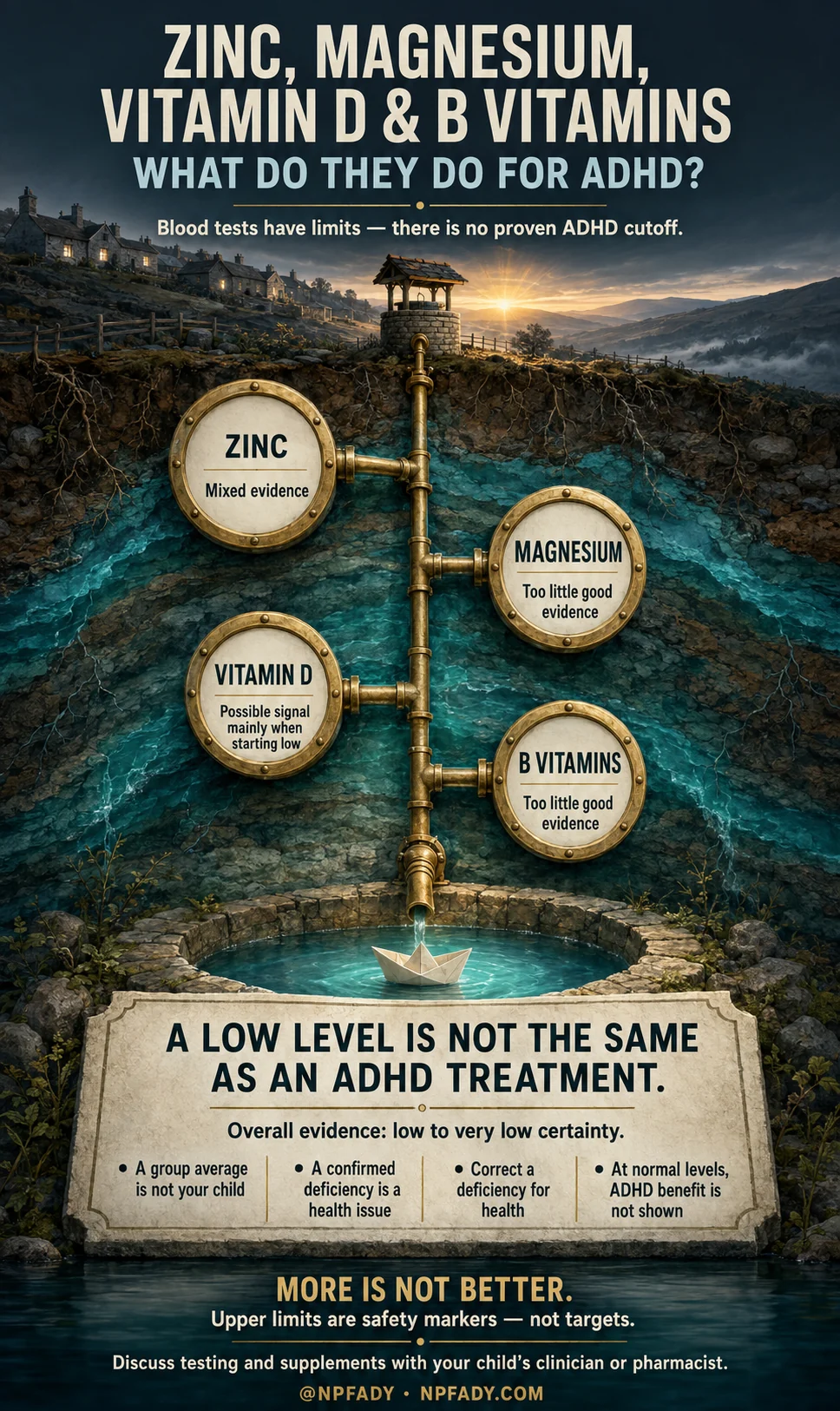 Infographic titled Zinc, Magnesium, Vitamin D and B Vitamins: What Do They Do for ADHD?, drawn as an old stone aqueduct feeding a well, with each nutrient as a labeled valve. Zinc shows mixed evidence; magnesium and B vitamins have too little good evidence; vitamin D shows a possible signal mainly when starting low. A note says blood tests have limits and there is no proven ADHD cutoff. A stone tablet reads: a low level is not the same as an ADHD treatment, and overall evidence is low to very low certainty. Four notes follow: a group average is not your child; a confirmed deficiency is a health issue; correct a deficiency for health; and at normal levels, ADHD benefit is not shown. The footer warns more is not better, upper limits are safety markers, not targets, and says to discuss testing and supplements with your child's clinician or pharmacist.
